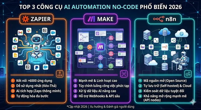 khóa học ai automation, tự động hóa quy trình, n8n, zapier, make, trung tâm đào tạo ai thực chiến Khóa học AI Automation